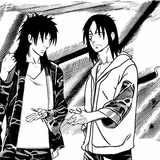 Image similar to Keanu Reeves teaches Sasuke how to chidori illustrated by Kishimoto highly detailed pen and ink manga panel