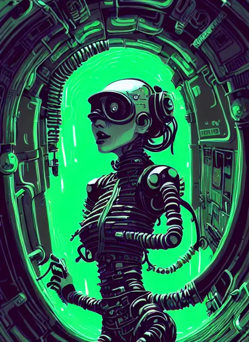 Image similar to highly detailed portrait of an angry wasteland punk long dripping green poison hair tribal android lady, stray wiring by atey ghailan, james gilleard, by joe fenton, by greg rutkowski, by greg tocchini, by kaethe butcher, 4 k resolution, gradient purple, brown black and white color scheme!!! ( ( green flaming robotic sewer background ) )