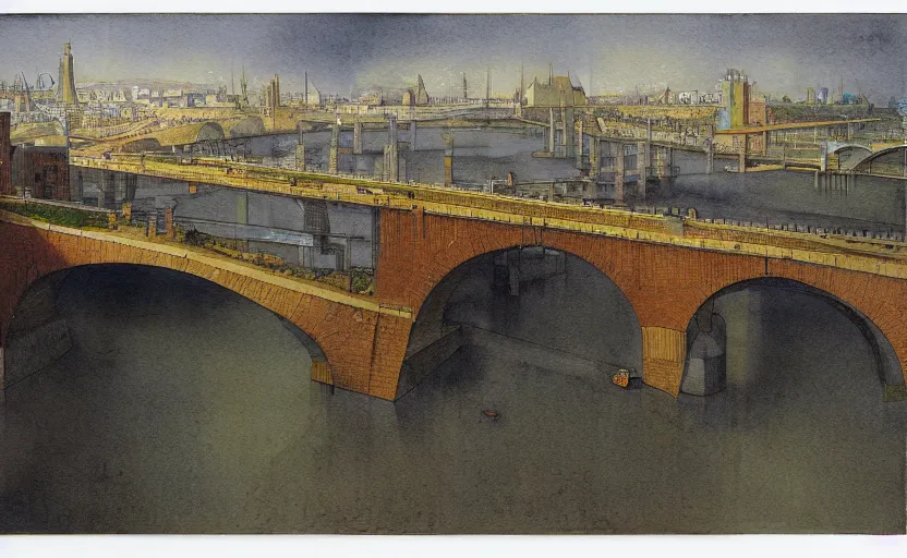 Prompt: city bay bridge aqueduct, colorful watercolor. by rembrandt, ralph mcquarrie, escher aluminum, 1 6 6 7