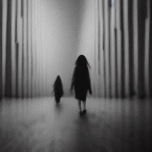 Image similar to film still of a girl walking through liminal space, black and white