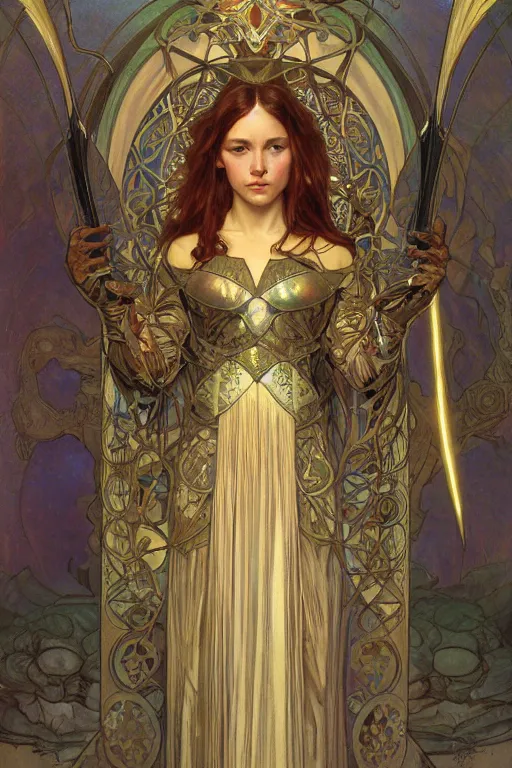 Prompt: a young woman wearing iridescent art nouveau armor symmetrical portrait, character concept art, art nouveau oilpainting, trending in artstation, cgsociety, by Donato Giancola, Alphonse Mucha, Artgerm and William Bouguereau