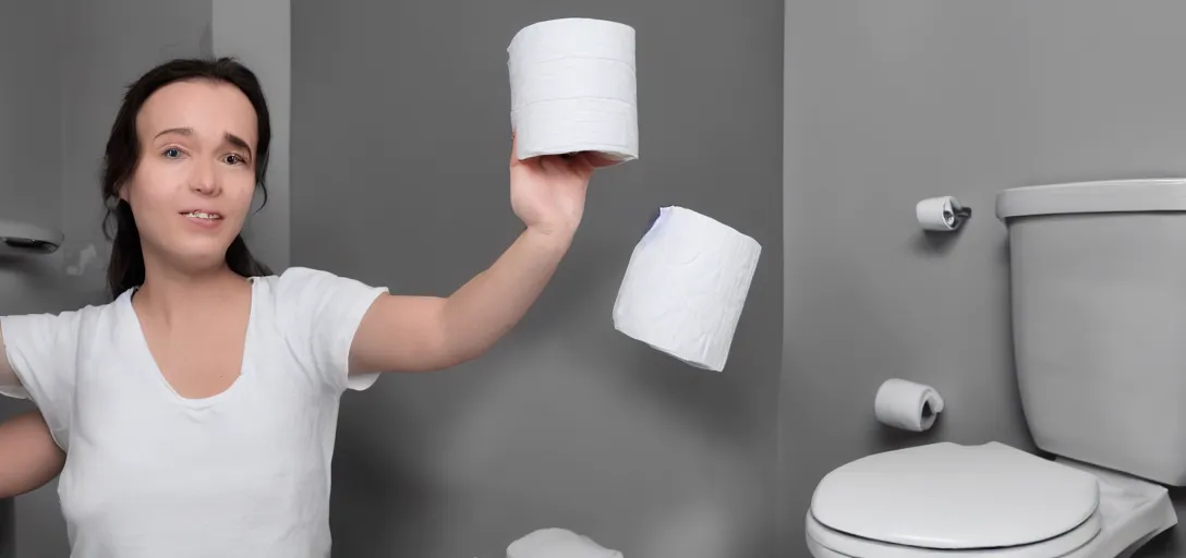 Image similar to First Person View of a video game character holding toilet paper, very realistic, 4K