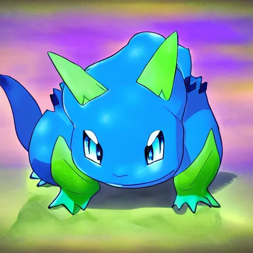 Image similar to a blue bulbasaur ~ water powers ~ digital art ~ amazing ~ trending ~