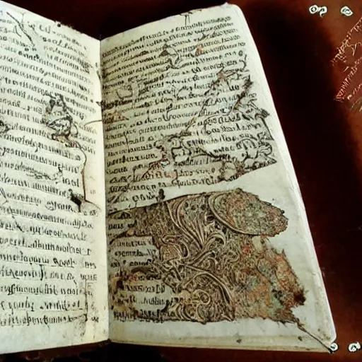 Prompt: pages from the grail diary, antique worn book, clues, ink, torn, intricate pen work,