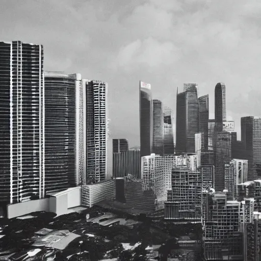 Image similar to brutalist Singapore, depth of field, grainy, retrofuturism