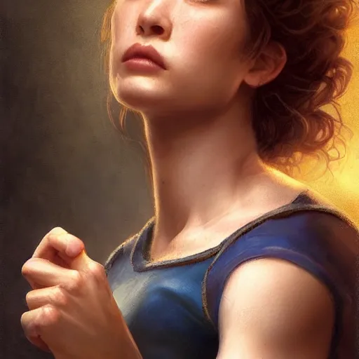 Image similar to epic portrait an beautiful waitress with short sleeved uniform, muscular, sweaty skin, hyperrealistic, expressive, emotional, moody, contre jour, octane render, cinematic, beautiful face and flawless skin, perfect hands, 5 fingers, by Edgar Maxence and Ross Tran and Michael Whelan, Legends of Runeterra