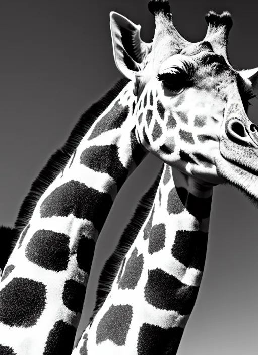 Image similar to two giraffe black and white portrait white sky in background