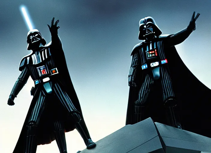 Image similar to film still of Darth Vader jumping up in joy over his great success in the new Star Wars movie, 4k