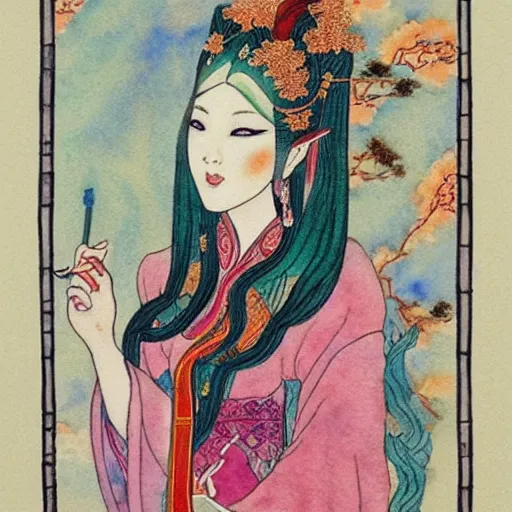 Image similar to Elven goddess in the style of Chinese watercolor,