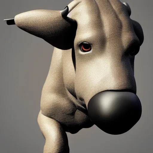 Image similar to a standing anthro bull android modeled after a bull made of hard rubber looking into the camera, android, cyborg, half body, intricate, 3 d, hyper realism, fantasy, depth of field, octane render, symmetrical, highly detailed, digital art, artstation, concept art, cinematic lighting, trending