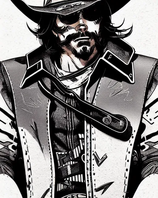 Image similar to mccree from overwatch, cyber space cowboy, character portrait, portrait, close up, concept art, intricate details, highly detailed, vintage sci - fi poster, retro future, vintage sci - fi art, in the style of chris foss, rodger dean, moebius, michael whelan, and gustave dore