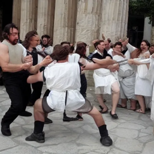 Prompt: ancient greek people fight against office managers