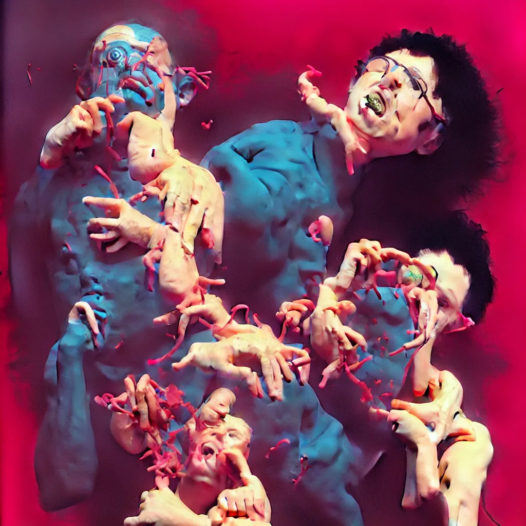 Image similar to weird and disturbing portrait of todd solondz puking blood, todd solondz, vivid colors, neon, art by ( ( ( kuvshinov ilya ) ) ) and wayne barlowe and francis bacon and artgerm and wlop and william - adolphe bouguereau