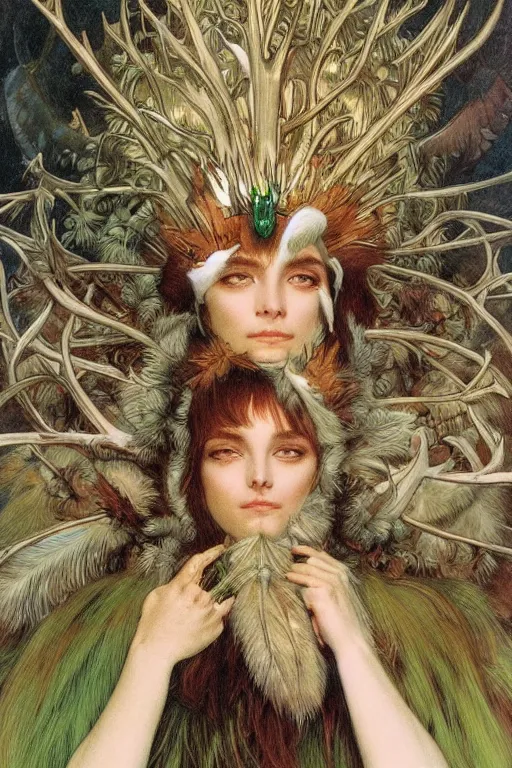 Image similar to a detailed portrait of a green haired brown eyed queen of feathers with an antler crown by wayne barlowe and mucha