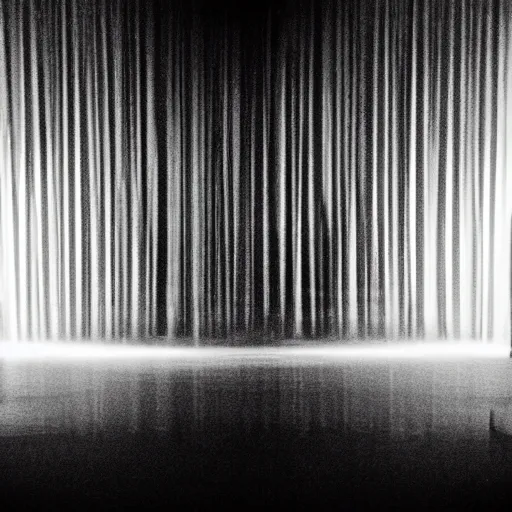 Image similar to a grainy photo of a shadowy figure in a birdcage on a large old abandoned theatre stage, black and white, motion blur, long exposure