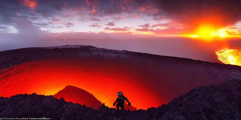 Image similar to amazing landscape photo of a scuba diver!!! standing on the volcano crater at sunrise by Charlie Waite and Marc Adamus beautiful dramatic lighting, surrealism