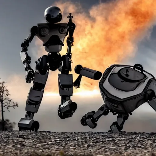 Prompt: a robot carries a wounded human away from an explosion, dramatic lighting