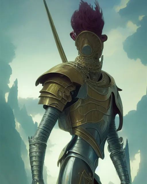 Image similar to highly detailed vfx portrait of a fantasy knight, stephen bliss, unreal engine, greg rutkowski, loish, rhads, beeple, makoto shinkai and lois van baarle, ilya kuvshinov, rossdraws, tom bagshaw, alphonse mucha, global illumination, detailed and intricate environment