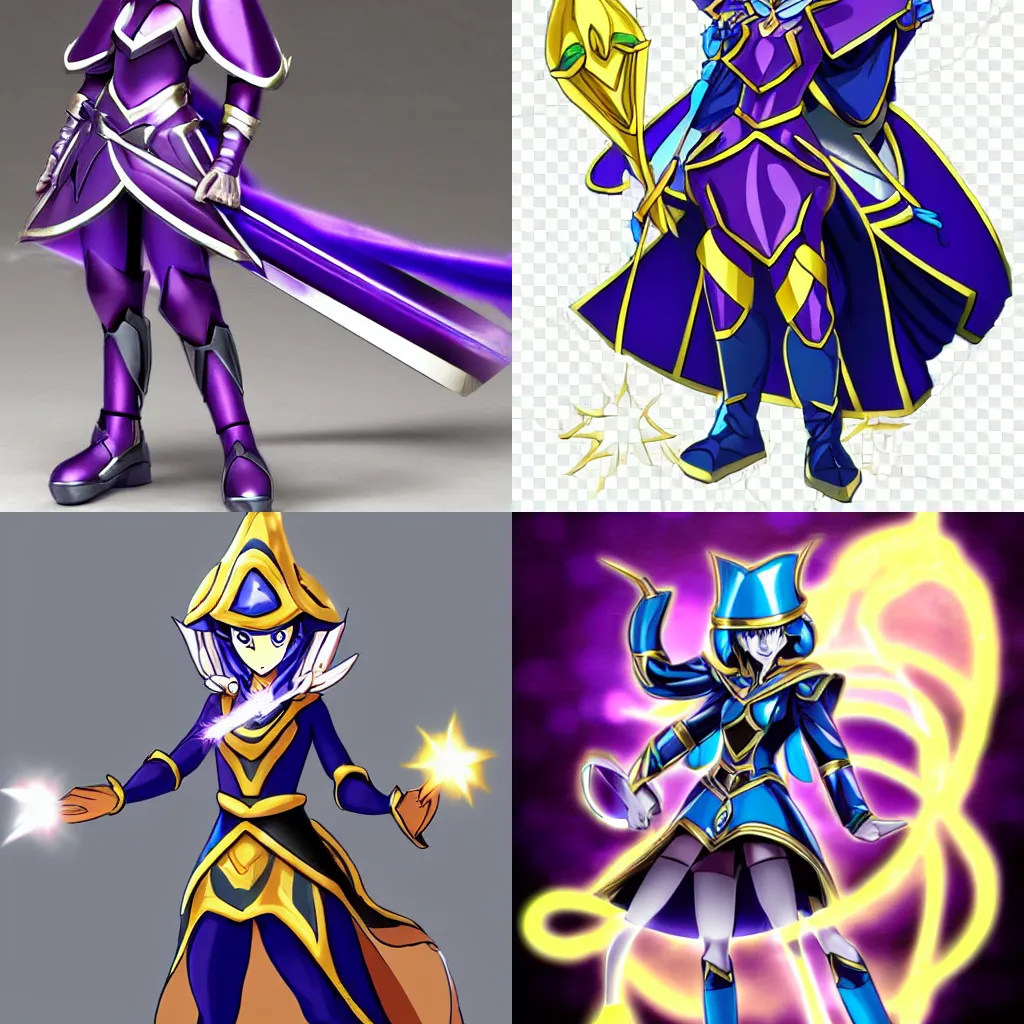 Prompt: dark magician girl from yu-gi-oh, shell armor and helmet, staff, stern look, anime style, full view