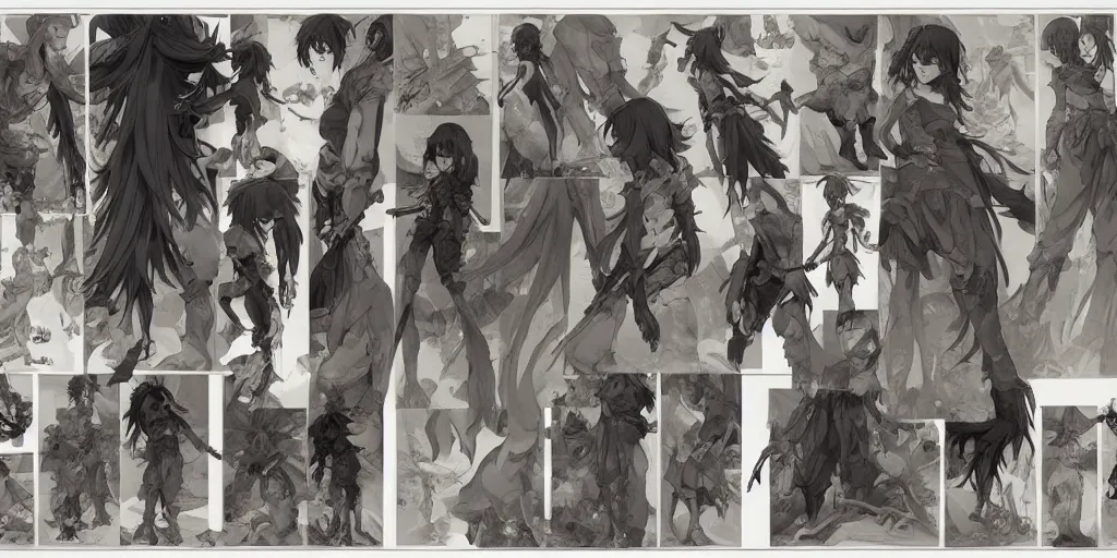 Prompt: monster concept art character sheet for animated films made by studio ghibli, by shigenori soejima, krenz cushart, alphonse mucha, takato yamamoto, conrad roset, 4 k, beautiful, cinematic dramatic atmosphere, volumetric lighting, smooth, highly detailed