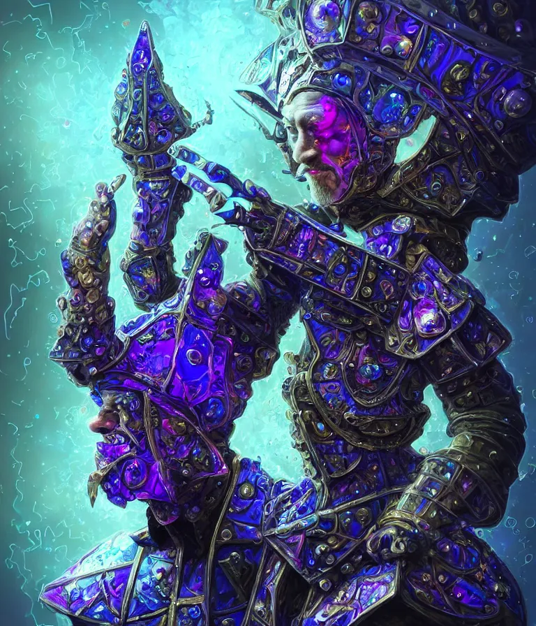 Image similar to front!!! shot of a court jester!!! character, mesmerizing fractal hypercubes, bismuth, dark holography!!!, future, metallic galactic, crystalline edges, polygonal, elegant, highly detailed, centered, (((artstation, concept art, jagged, sharp focus, artgerm, Tomasz Alen Kopera, Peter Mohrbacher, donato giancola, Joseph Christian Leyendecker, WLOP, Boris Vallejo))), ((raytracing)), mugshot!!!!!, ugly!!!!!!, octane render, nvidia raytracing demo, octane render, nvidia raytracing demo, octane render, nvidia raytracing demo, 8K