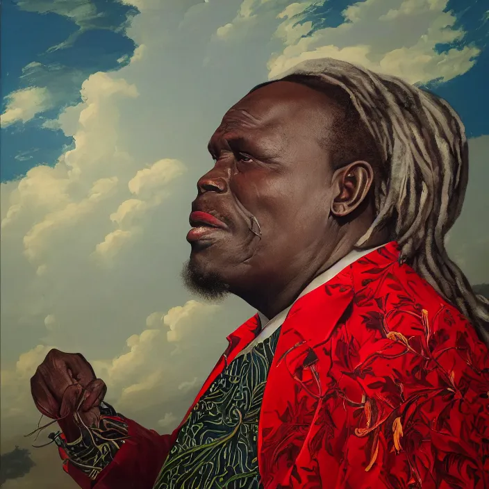 Image similar to a painting of a XXL wise elder from Kenya in a suit by Kehinde Wiley . dramatic angle, ethereal lights, details, smooth, sharp focus, illustration, realistic, cinematic, artstation, award winning, rgb , unreal engine, octane render, cinematic light, macro, depth of field, blur, red light and clouds from the back, highly detailed epic cinematic concept art CG render made in Maya, Blender and Photoshop, octane render, excellent composition, dynamic dramatic cinematic lighting, aesthetic, very inspirational, arthouse.