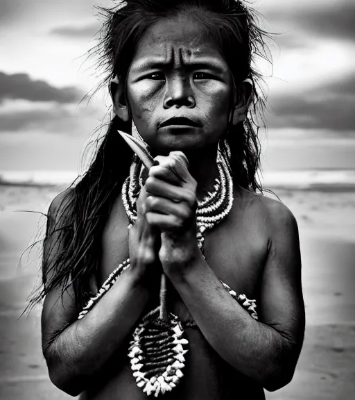 Image similar to Award winning Editorial photograph of a Hawaiian girl by Lee Jeffries, 85mm ND 4, perfect lighting, wearing traditional garb, With huge sharp jagged Tusks and sharp horns, gelatin silver process