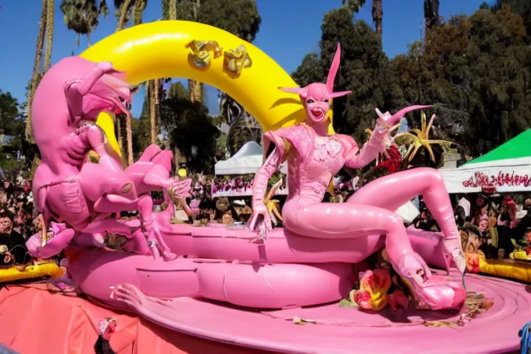 Image similar to Angelyne fights Scorpion from Mortal Kombat on a float at the Rose Parade, painted by mark ryden,