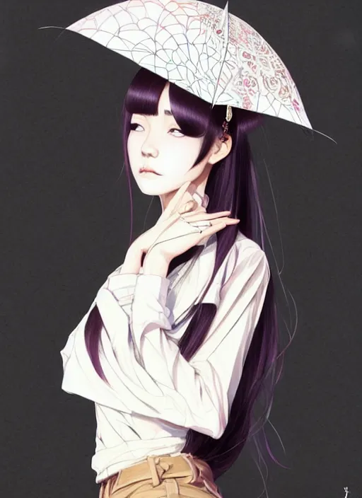 Image similar to a portrait of a young woman in japanese street fashion clothing, confident pose, intricate, elegant, sharp focus, illustration, highly detailed, concept art, matte, trending on artstation, anime, art by james jean and artgerm and brian despain and alberto mielgo, greg rutkowski, wlop, ilya kuvshinov, strong strokes