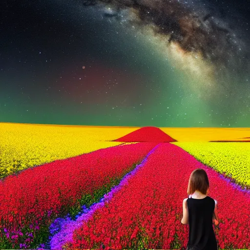 Image similar to girl among the flower field looks at the cosmic sky, epic, 4 k, high detalied, hyper realistic