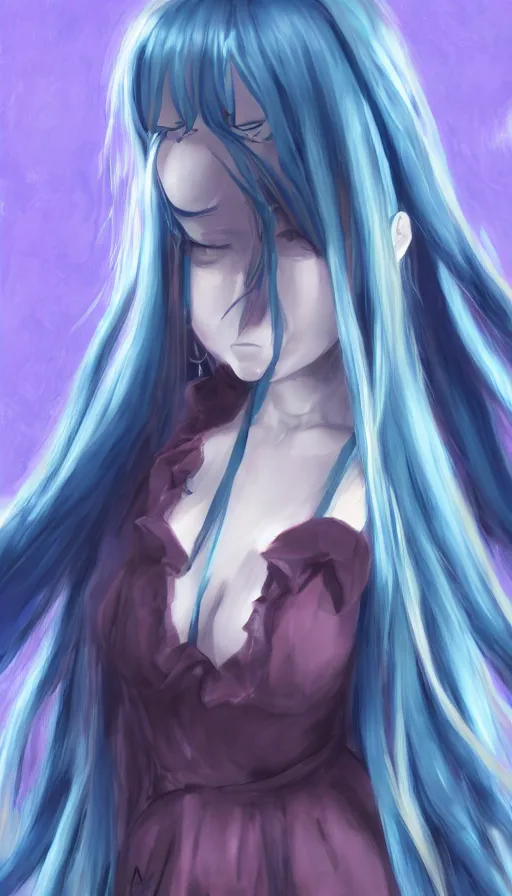 Image similar to ''frederica bernkastel from umineko when they cry, long blue hair, creepy art, fantasy artwork, concept art, artstation, digital paintting, 4 k''