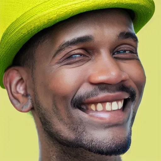 Prompt: A photo of smiling man with green skin in yellow hat