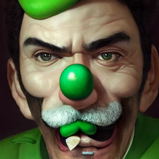 Image similar to hyper realistic, realistic - anime, 4 k, 8 k, pixiv, artstation, portrait, beautifully rendered, luis guzman as luigi wearing green, smirking deviously, nintendo's luigi, luigi's nose, painted by greg rutkowski, wlop, artgerm, dishonored 2,