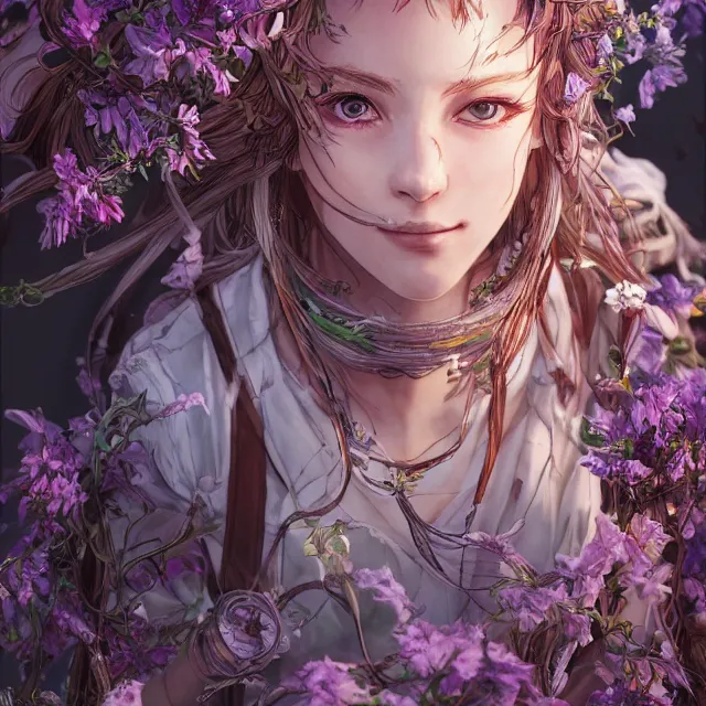 Image similar to the portrait of chaotic good female druid botanist as absurdly beautiful, gorgeous, elegant, young anime girl, an ultrafine hyperdetailed illustration by kim jung gi, irakli nadar, intricate linework, sharp focus, bright colors, octopath traveler, final fantasy, unreal engine 5 highly rendered, global illumination, radiant light, detailed and intricate environment