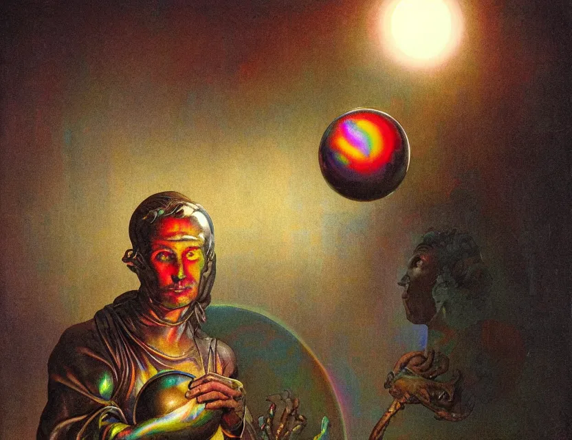 Prompt: a neoclassicist portrait of a chrome marble sculpture holding a dimly glowing rainbow orb in a dark moonlit courtyard at night. iridescent textures. glowing fog. highly detailed fantasy science fiction painting by moebius, norman rockwell, frank frazetta, and syd mead. rich colors, high contrast, gloomy atmosphere, dark background. artstation