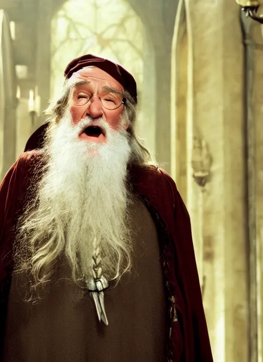 Image similar to film still of Robin Williams as Albus Dumbledore in Harry Potter and the Chambre of Secrets, 4k