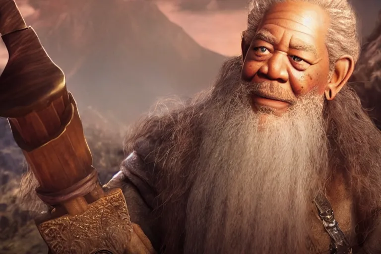 Image similar to morgan freeman starring as gimli in lord of the rings, full body, still from a pixar movie, high quality 3 d render, movie, pixar, renderman, 4 k, artstation