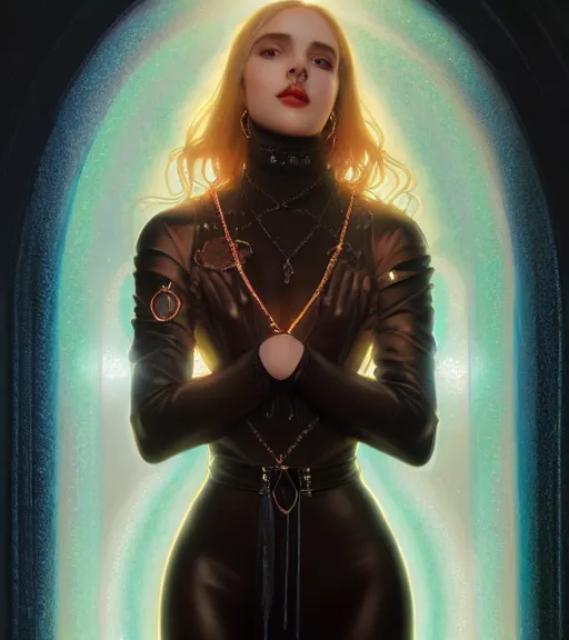 Prompt: portrait of teenage aphrodite, wicked smile, wearing leather coat, onyx bracelets, intricate, elegant, sparkling dark jewelry, glowing lights, highly detailed, digital painting, artstation, concept art, smooth, sharp focus, illustration, art by wlop, mucha, artgerm, and greg rutkowski