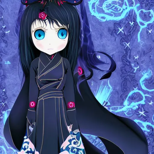 Image similar to beautiful female wizard, blue eyes, black clothing, daughter of death, cute, japanese style anime, intricate