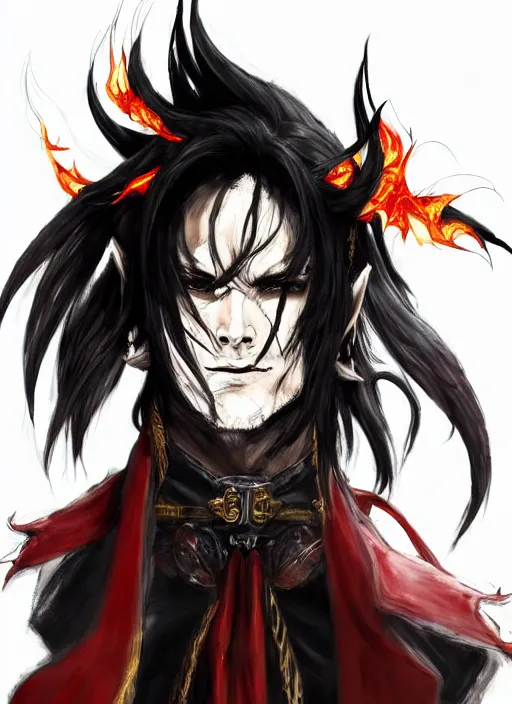 Image similar to Half body portrait of a handsome elf fire mage with long black hair wearing ornate scarlet robe, crazy grin, flame, anarchy. In style of Yoji Shinkawa and Hyung-tae Kim, trending on ArtStation, dark fantasy, great composition, concept art, highly detailed, dynamic pose.