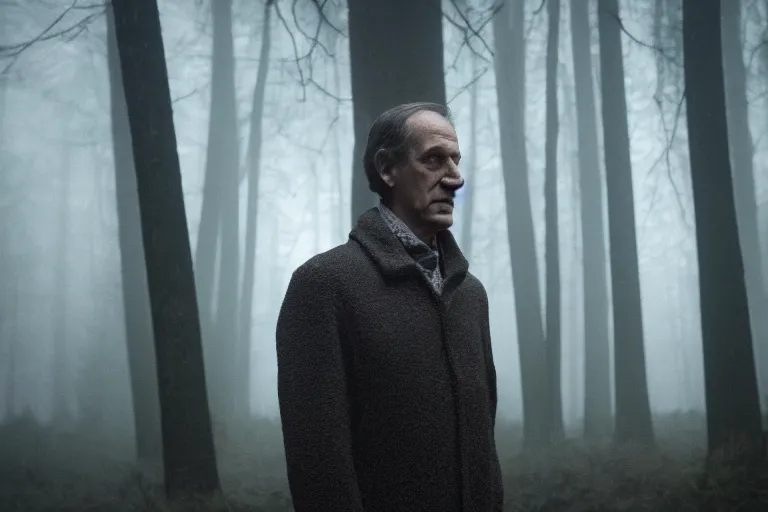 Prompt: a cinematic headshot portrait of a skinny evil male scientist, stood in a spooky forest, fog, shrubbery, 8 k, detailed, backlight, deep focus, movie still, moody lighting, by werner herzog