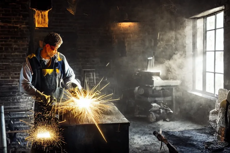 Image similar to blacksmith working, yellow sparks, rays of light trough a window, atmospheric, dramatic lighting, beautiful