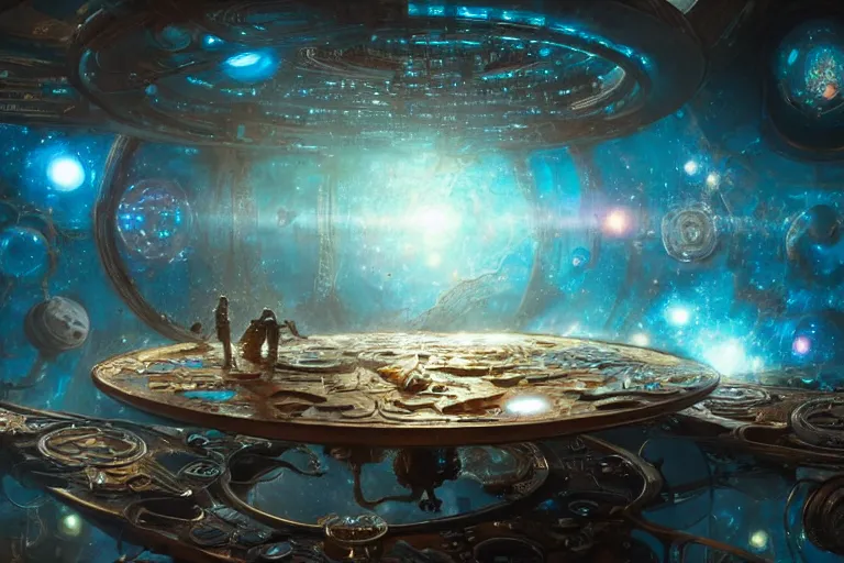 Prompt: A very highly detailed steampunk galaxy inside a resin cube on the table of a very highly detailed smooth futuristic lab digital concept art by Greg Rutkowski, neofuturistic highly detailed, digital concept art, Dimensional cyan gold natural light, sharp focus, realistic concept art by Stephen Hickman and James Gurney and Hiromasa Ogura rendered in Octane Render, From the distance