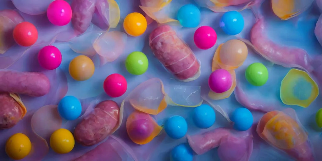 Prompt: beautiful transparent and translucent meaty pastel hotdogs, ice cream cones full of nylon and paint, levitating colorful plastic vending machine bouncing balls, clouds of vivid horse-hair wigs, plasticized spiral flames, raw egg yolks, Rembrandt, baroque, chiaroscuro, 8K photorealistic, Studio lighting, Low key lights