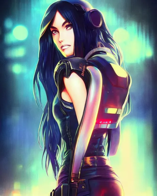 Image similar to anime key visual of megan fox as a police officer, neon, cyberpunk, futuristic, stunning, highly detailed, digital painting, artstation, smooth, soft focus, illustration, art by artgerm and greg rutkowski and alphonse mucha