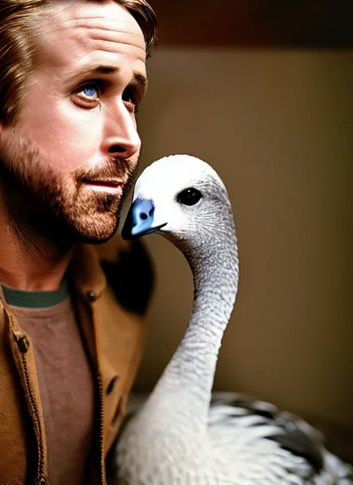 Prompt: ryan gosling fused with a goose, natural light, bloom, detailed face, magazine, press, photo, steve mccurry, david lazar, canon, nikon, focus
