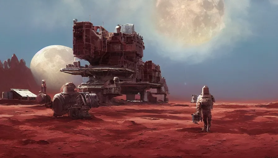 Prompt: craig mullins digital illustration of a moon base on a red desert planet, unreal engine, hyper realism, realistic shading, cinematic composition, realistic render, octane render, detailed textures, photorealistic, wide shot