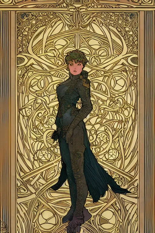 Image similar to full - body artwork, cattie - brie of mithril hall, andreas rocha, greg rutkowski. art nouveau neo - gothic sculpture by mucha. swirly intricate gilded linework background. gaudy colors, sharp edges. ultra clear detailed. 8 k. elegant. octane render