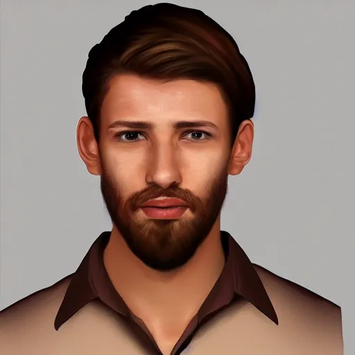 Image similar to realistic! portrait of young brown working man wearing a formal shirt, hyperrealistic face!, 8k detailed digital art , trending on artstation, detailed digital art