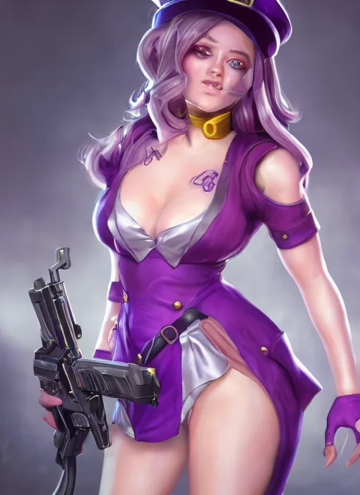 Prompt: caitlyn from league of legends, pointing gun towards the camera, wearing purple dress police hat, pearl skirt, hyper detailed, digital art, trending in artstation, cinematic lighting, studio quality, smooth render, unreal engine 5 rendered, octane rendered, art style by klimt and nixeu and ian sprigger and wlop and krenz cushart